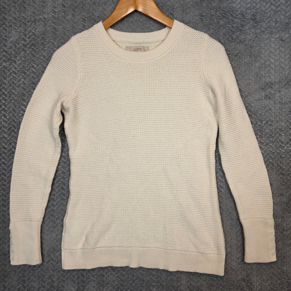 Loft Womens Cream Waffle Knit Cotton Sweater Button Cuff Crew Neck Small